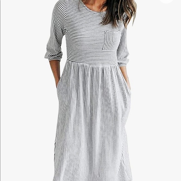 MEROKEETY Women's 3/4 Balloon Sleeve Striped High Waist Dress with pockets - Picture 5 of 11